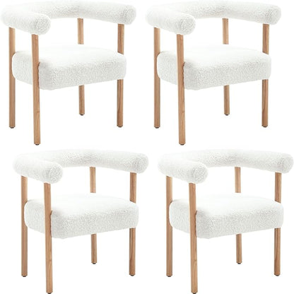 Mid-Century Modern Dining Chairs Set of 4, Armrest Barrel Dining Chairs Side Accent Chairs with Curved Back, Upholstered Wood Armchairs for Kitchen, Sherpa White