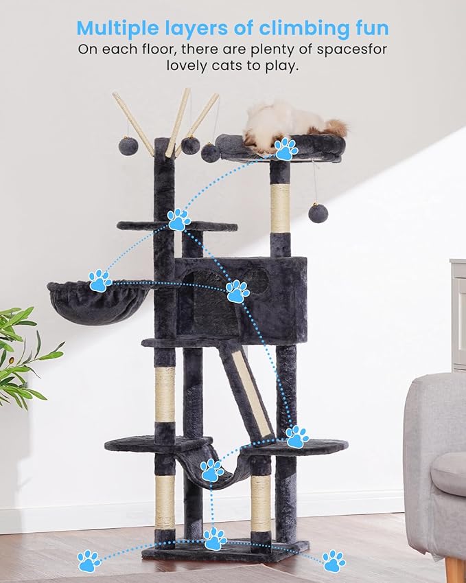 Hey-brother Cat Tree, 53 inch Cat Tower for Indoor Cats, Cat House with Padded Platform Bed, Toy Balls, Large Cozy Condo, Hammocks and Sisal Scratching Posts, Smoky Gray MPJ019-SG
