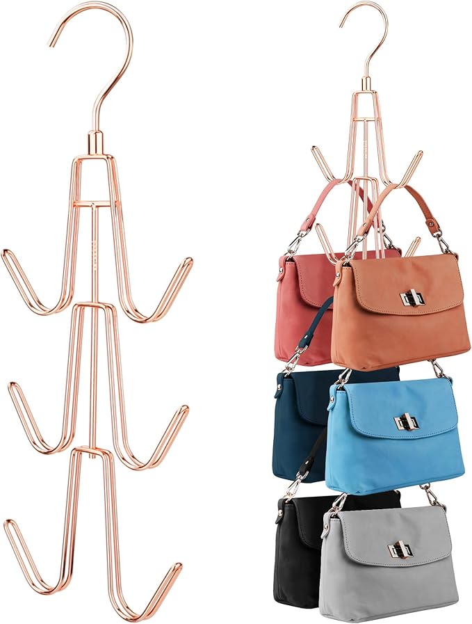 ZEDODIER Purse Hanger Organizer for Closet, 2 Pack Hanging Bag Holder, Keeping Purses Visible and in Good Condition, Metal Handbag Storage Hook Backpack Rack Space Saving Hanger, Rose Gold