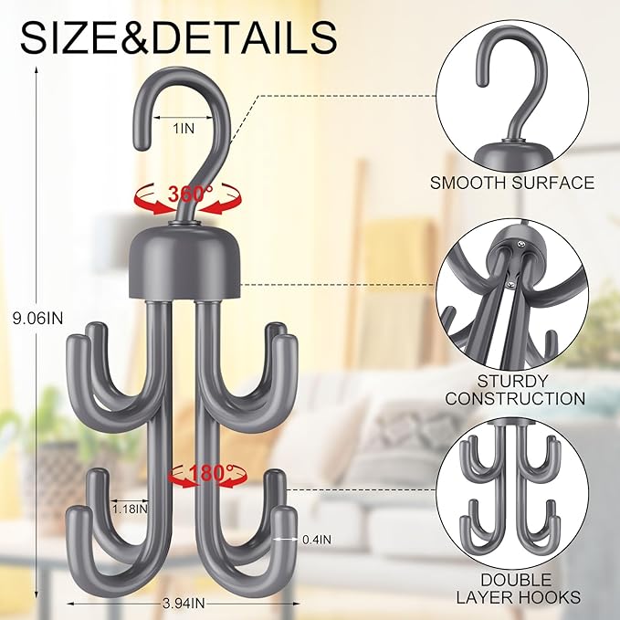 3Pcs Tank Top Hanger, Rotatable Bra Hangers for Closet Organizer, Max 72 Storage Capacity Belt Hanger, Plastic Space Saving Closet Organizers Apartment Dorm Essentials for Bra (3, Grey)