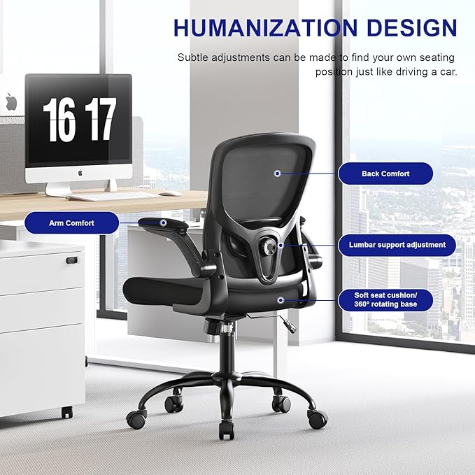 Ergonomic Office Chair-High Back Desk Chair, Adjustable Lumbar Support, Flip-Up Arms, 90-120° Tilt Lock, Breathable Mesh Back Rolling Work Chair for Man Woman(Black)