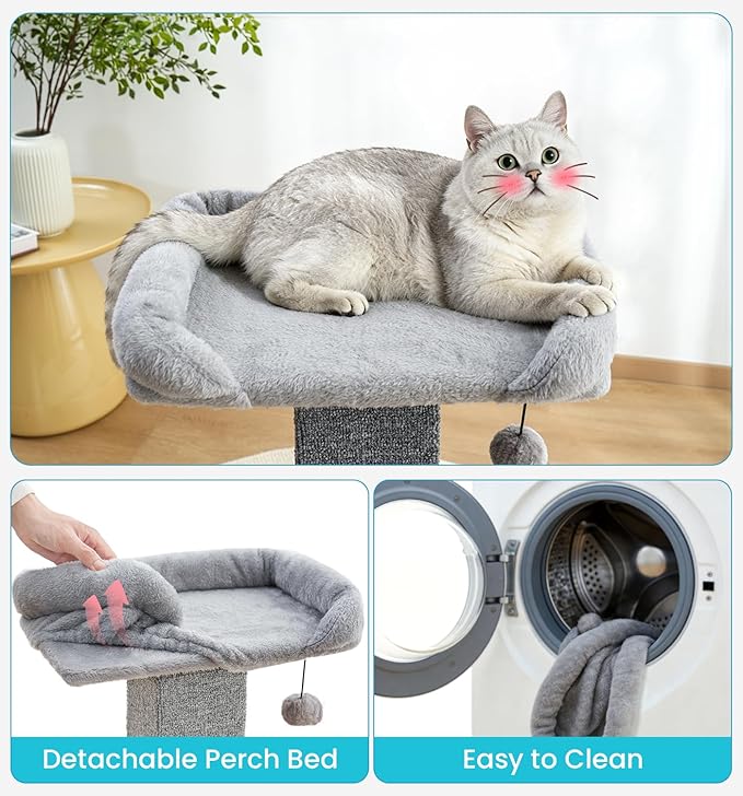 Made4Pets Cat Scratching Post with Bed, 32'' Modern Cat Scratcher with Top Plush Cat Bed, Tall Cat Scratch Post for Indoor Cats, Heavy-Duty Carpet Scratching Post with Hanging Ball Toy, Grey