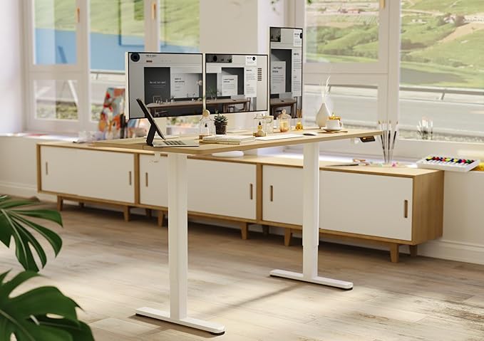 Claiks Electric Standing Desk, Adjustable Height Stand up Desk, 55x24 Inches Sit Stand Home Office Desk with Splice Board, White Frame/Nature Top