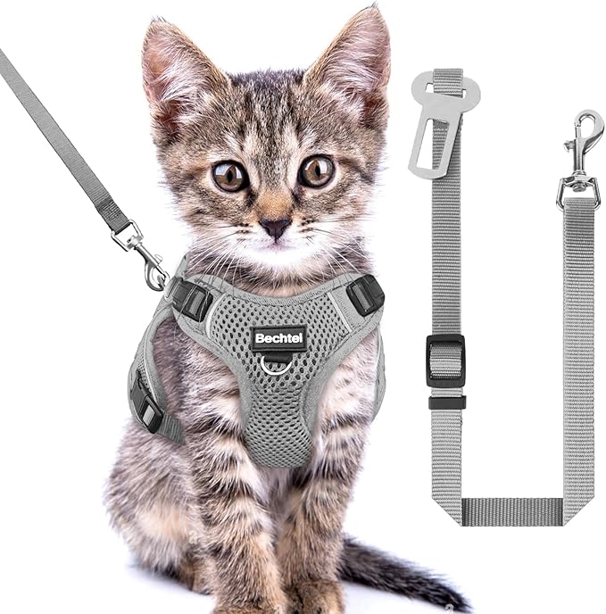 Cat Harness and Leash Set for Walking Escape Proof, Adjustable Soft Kittens Vest with Reflective Strip for Cats, Comfortable Outdoor Vest, Cat Car Leash, Grey, XXS
