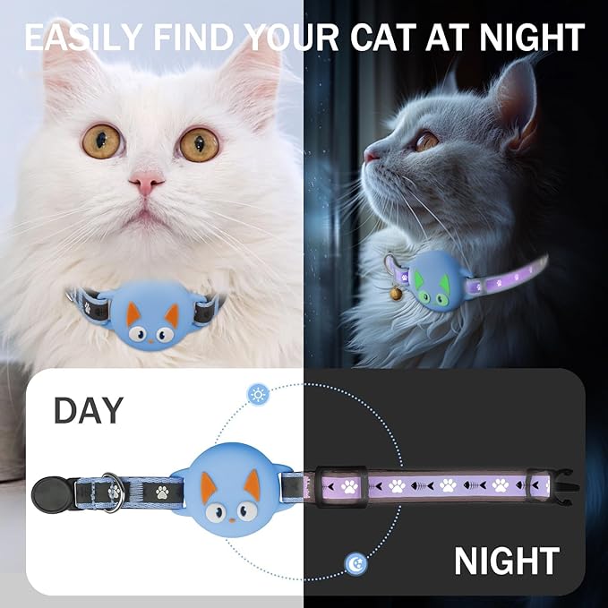 Airtag Cat Collar Breakaway, Reflective Kitten Collar with Apple Air Tag Holder and Bell for Girl Boy Cats, Lightweight Cat Collars for Apple AirTag, Hidden GPS Tracker Holder for Cats, Blue (9-13")