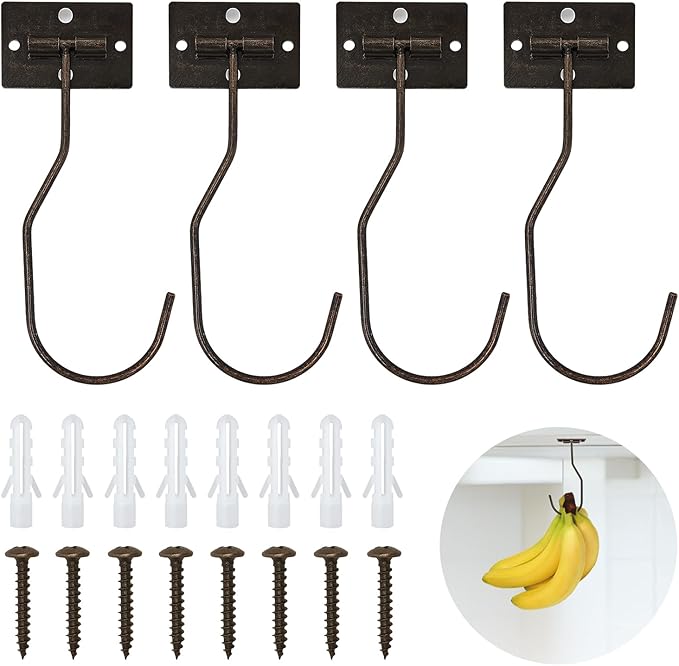 Banana Hanger Hook – Space Saving Banana Holder Hanger to Keep Bananas Fresh, Self Adhesive and Screw Banana Hook 4Pack Copper