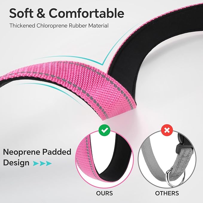 Reflective Dog Collar with Quick Release Buckle - Metal Ring - Adjustable Soft Neoprene Padded Basic Dog Collar for Small Medium Large Dogs (Hotpink, Small :Width 1",Neck 11.8-15.7")