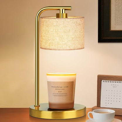 Candle Warmer Lamp with Timer Dimmer, Candle Lamp Warmer with Linen Shade - Birthday House Warming Gift for Women Mom Her - New Home Decor for Bedroom with 2 Bulbs (Gold)