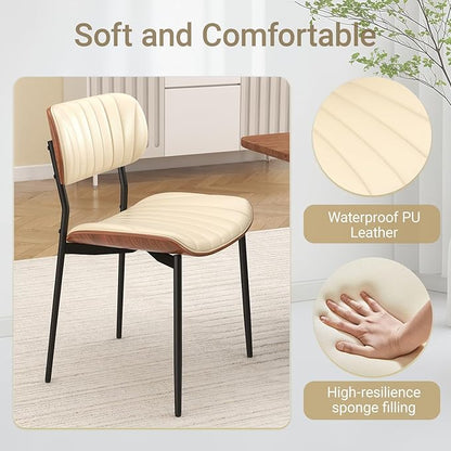Mid Century Modern Dining Chairs Set of 6,Upholstered Faux Leather Kitchen Chairs with Walnut Bentwood Back and Metal Legs for Kitchen Dining Room Living Room, Beige