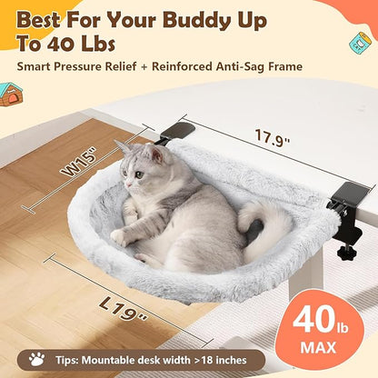 X-Large Cat Desk Bed – 19"x15" Spacious Nest, Dual Clamps & Sunken Hammock Design, Comfy Cat Desk Hammock with Faux Rabbit Fur Cover, Removable & Washable, Holds Up to 40lbs