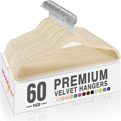 HOUSE DAY Beige Velvet Hangers 60 Pack, Non Slip Clothes Felt Hanger Heavy Duty for Coat, Premium Slim Space Saving Suit Hangers for Closet Organizer, 360° Rotating Silver Hook