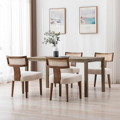 Rattan Dining Chairs Set of 6, Modern Dining Chair Kitchen Dining Room Chairs, Curved Cane Back Upholstered Linen Fabric Dining Chair with Wood Frame, Beige