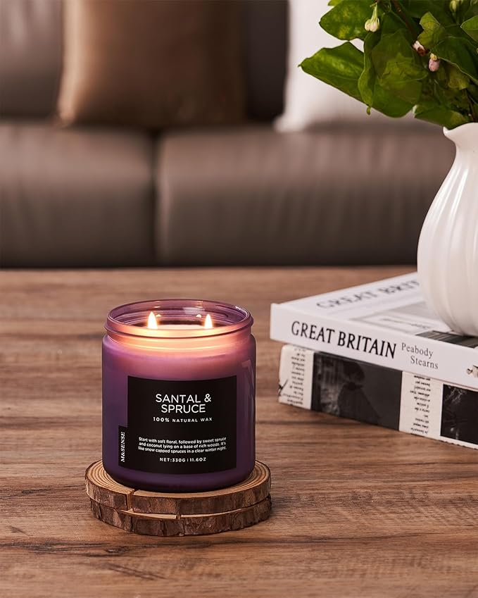 M&SENSE Santal Spruce Christmas Scented Candle, 11.6oz 70 Hours Burn Non Toxic Natural Soy Wax, 2 Cotton Wick Candle for Winter Holiday Housewarming Gifts for Family Friends Teachers