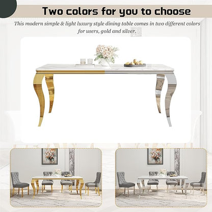 7-Piece Dining Table Set for 6, Faux Marble Dining Table Set with 70'' Marble Dinner Table and 6 Velvet Wing Back Chairs for Kitchen, Dining Room, Gray & Gold
