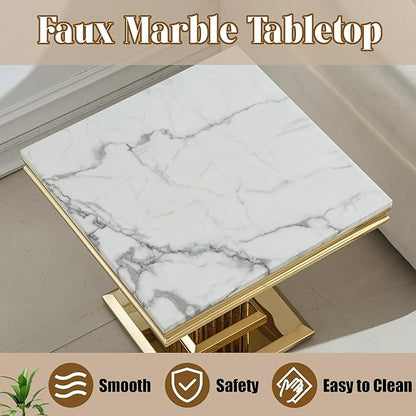 Faux Marble End Table, White Square Side Table with Golden Pillar Stainless Steel Base, Modern Accent End Table for Living Room, Office, Easy Assembly