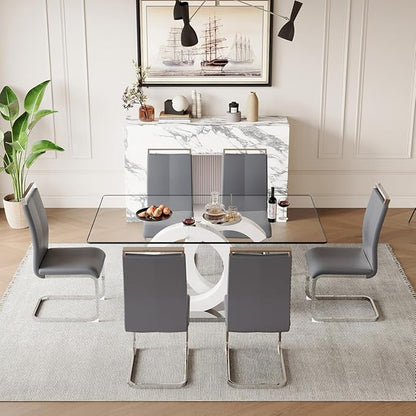 63'' Glass Dining Table Set for 6, Kitchen Table Chairs Set of 6, Clear Glass Dining Table with White unique design Leg and Silver Metal Base, 6 PU Dining Chairs with Metal Legs, Living Room, Kitchen.