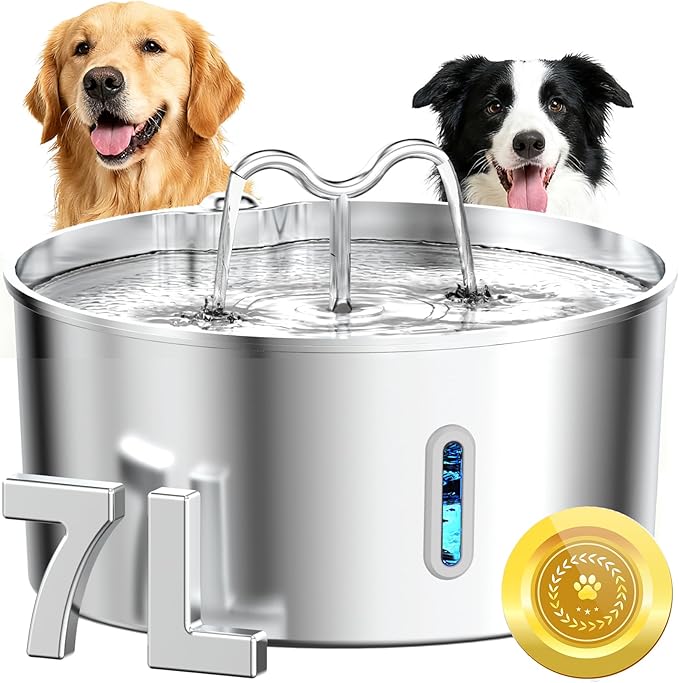 Dog Water Fountain for Large Dogs, 7L/236oz Stainless Steel Dog Water Bowl Dispenser, Automatic Pet Fountain, Ultra Quiet Pump, Large Drinking Area