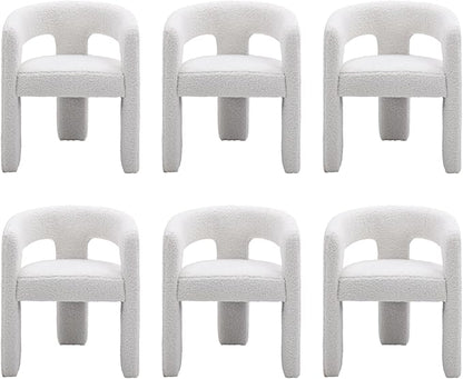 Modern Sherpa Dining Chairs Set of 6, Upholstered Barrel Chairs with Arms Comfy Accent Side Chairs for Living Room/Dining Room/Reception, White