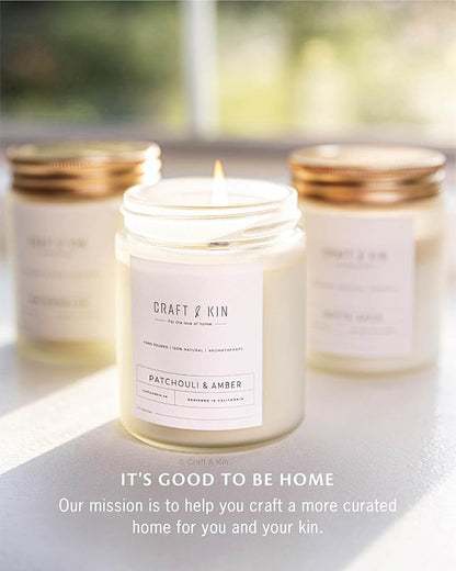 Craft & Kin Patchouli & Amber Christmas Scented Candle | 8 Oz, 45-Hour Long Lasting | Classic Soy with Woodwick Winter Candles | Made with Natural Soy | Holiday Candles Gifts for Men and Women