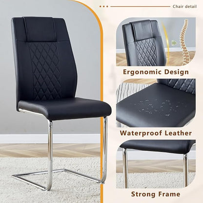 63'' Glass Dining Table Set for 6, Kitchen Table Chairs Set of 6, Clear Glass Dining Table with White unique design Leg and Silver Metal Base, 6 PU Dining Chairs with Metal Legs, Living Room, Kitchen.