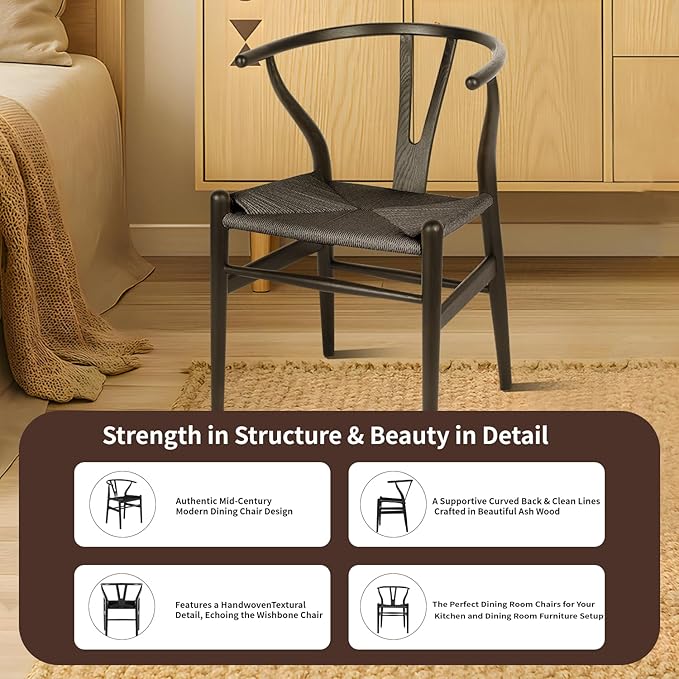 Tomile Wishbone Chair Y Chair, Wooden Dining Chairs Set of 4, Mid Century Modern Chairs with Arms, Solid Wood Weave Seat Kitchen & Dining Room Chairs (Ash Wood - Black)