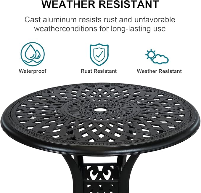 30.31" Outdoor Table and Chairs, Patio Table Set with 2.36" Umbrella Hole, Anti-Resistant Outdoor Dinning Set, Cast Aluminum Patio Furniture Set for Garden, Porch, Deck