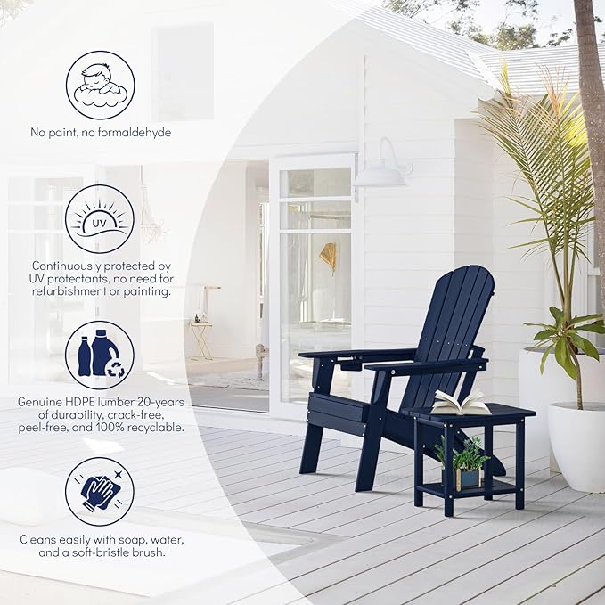 Plawdlik Folding Adirondack Chair, SGS Tested, Wooden Textured with Cup Holder, Heavy All-Weather HDPE Comfortable Set Poolside Backyard Lawn Navy Blue