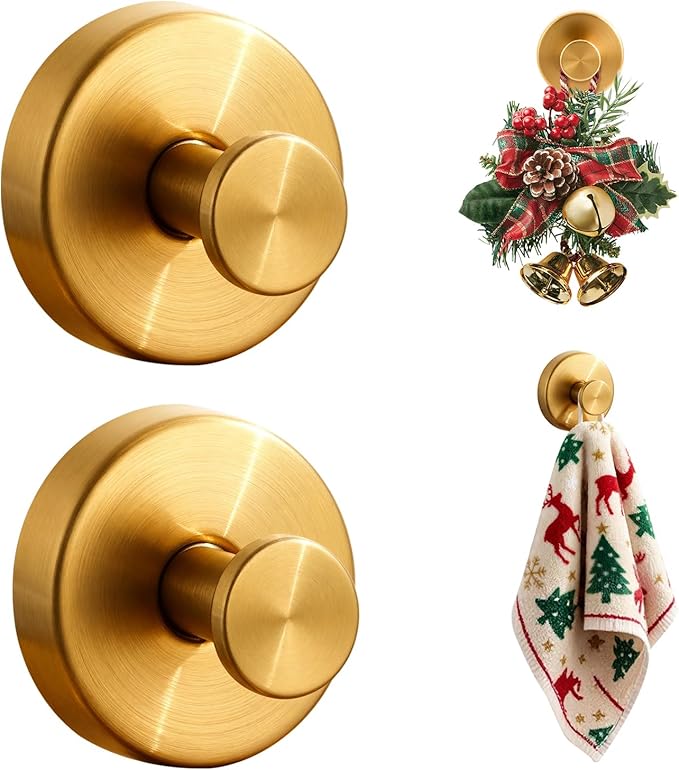 Suction Cup Hooks Stainless Steel Shower Hooks No Drill Towel Hooks Removable Wreath Hanger for Front Door, Bathroom Wall, Kitchen, Glass, Mirror (2 Pack)
