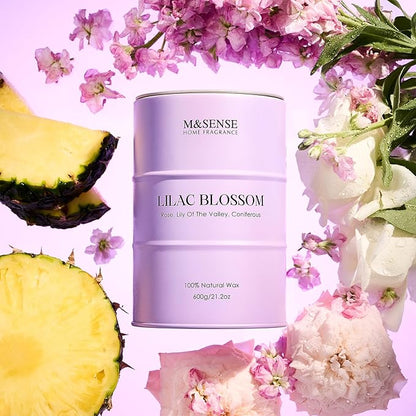 M&SENSE Lilac Blossom Soy Candles for Home Scented, 21.2oz 120 Hour Long Burning Large Aromatherapy Candle for Stress Relief Meditation Yoga Relaxing SPA, Housewarming Gifts for Women