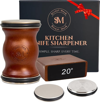 Rolling Knife Sharpener Kit – Premium Walnut Wood Kitchen Knife Sharpener for 15° & 20° Edge - Magnetic Knife sharpener with Diamond & Stainless Disc #1000/#3000