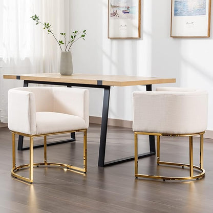 Linen Fabric Dining Chairs Set of 2 Modern Barrel Arm Chairs with Golden Frame, Upholstered Kitchen Chairs 18.5" Wide Accent Chairs for Living Room Dining Room Restaurant, Cream