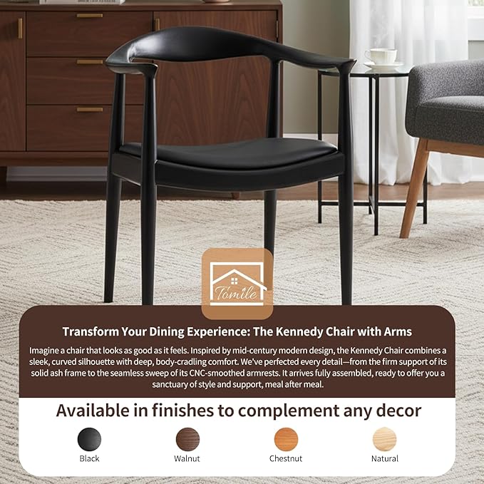 Tomile Upholstered Dining Chair Kennedy Armchair, Mid Century Modern Kitchen & Dining Chairs with PU Leather Cushion Seat, Hans Wegner Elbow Chair for Living Room Bedroom Office (Black Color)