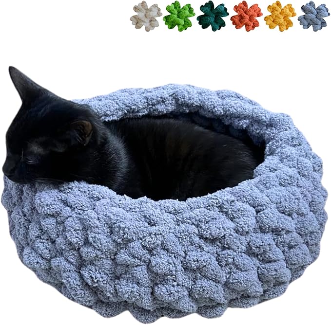 Cat Nest Bed – Premium Handwoven Washable Extra Soft Round Cave House for Indoor Kitten & Kitty, Small & Large (Grayish Blue,Large)