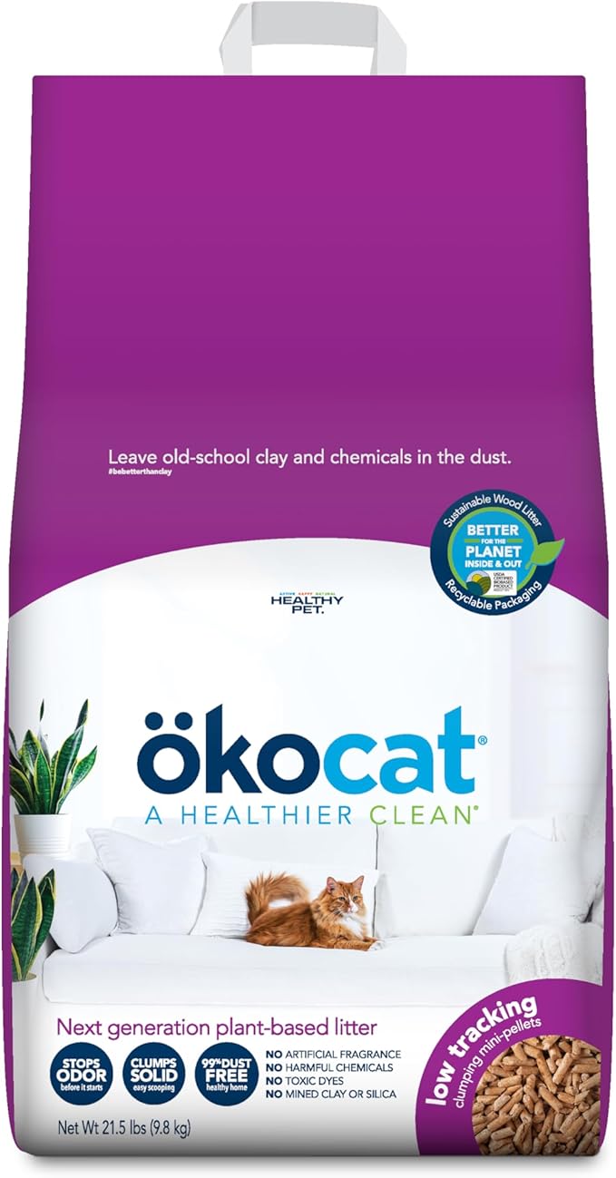 ökocat Less Mess Low Tracking Wood Clumping Cat Litter Mini- Pellets, Unscented, 21.5 pounds - Natural Ingredients, Stops Odor, Clumps Solid, 99% Dust Free, Great for Long-Hair Breeds