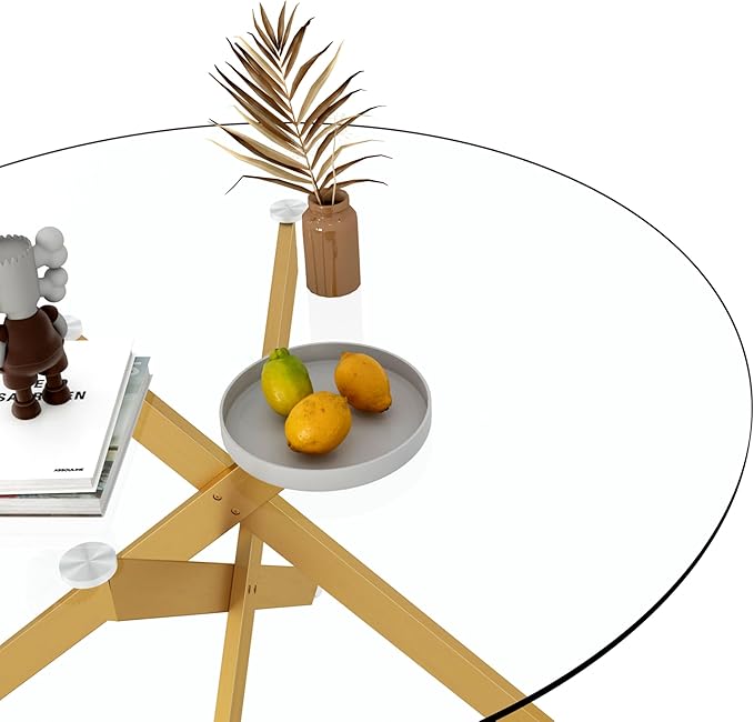 Goujxcy 5 Piece Round Glass Dining Table Set for 4, 47" Round Dining Table & Chair Set Modern Circle Glass Kitchen Table and 4 Velvet Upholstered Chairs for Kitchen Dining (Gold Table & Gold Chair)