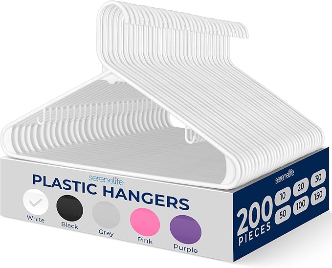 SereneLife White Plastic Hangers 200 Pcs, Durable Hanger Set with Slip Design, Tubular Hangers with 2 Integrated Strap Hooks, Mega Pack for Clothes