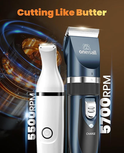 oneisall Dog Clippers and Paw Trimmer Kit 2 in 1 Low Noise Cordless Dog Clippers for Grooming Pet Hair Trimmers for Small and Large Dogs Cats Animals