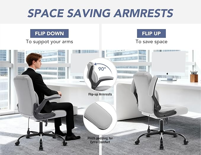 Office Chair with Adjustable Lumbar Support,Leather Ergonomic Computer Desk Chair with Flip-up Arms,Adjustable Tilt Lock,Swivel Rolling Executive PC Chair for Work, Study,Meeting,Small Space.Grey