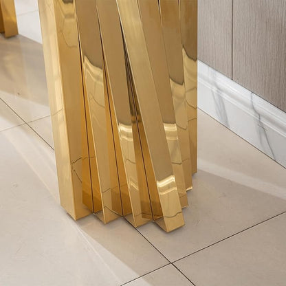 Goujxcy Modern Glass Console Table 55" Gold Entryway Table with Tempered Glass Top and Mirror Finish Stainless Steel Legs, Luxury Rectangular Sofa Table for Living Room Hallway Corridor Table (Gold)