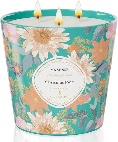 M&SENSE Christmas Pine Scented Candle, 28.2oz 3 Wick Natural Soy Wax Large Candles, Long Lasting Clean Slow Burning No Toxic Décor for Christmas, Romantic Dates & Gift-Giving
