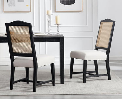 EALSON Rattan Dining Chairs Set of 2 Linen Upholstered Dining Room Chairs with Cane Back Mid Century Modern Kitchen Chairs Black Wood Frame Side Chair for Dining Room, Beige