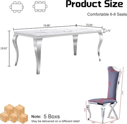 7-Piece Dining Table Set for 6, Modern Dining Room Set with 70'' Marble Dinner Table and 6 High-Back Upholstered Chairs, Stainless Steel Legs Table & Chair Set for Kitchen, Gray & Silver