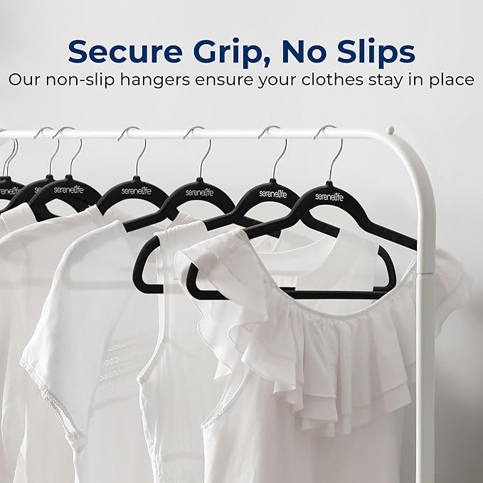 SereneLife Non-Slip Velvet Hangers, Mega Pack, 150 Pieces Hangers for Clothes, Heavy Duty Cloth Hanger Set with 360 Degree Swivel Hook, Black