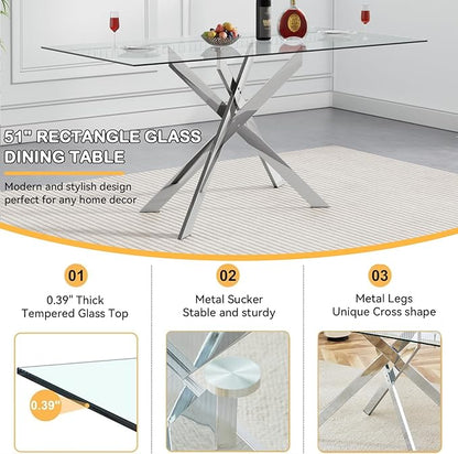 Goujxcy Modern Glass Dining Table Set for 4, Glass Silver Kitchen Table and Chairs Set, 5 Piece Dining Room Table Set with 51" Rectangle Dinner Table and 4 Black Leather Dining Chairs