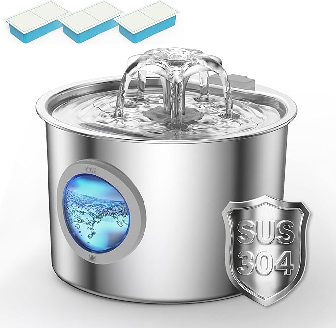 Cat Water Fountain Advanced 304 Stainless Steel 2.2L/74oz with Detachable Tank, Easy to Clean, Automatic Pet Fountain Quiet Cats Water Dispenser, Dogs (74oz Flower Style Cat Fountain + 3 Filters)