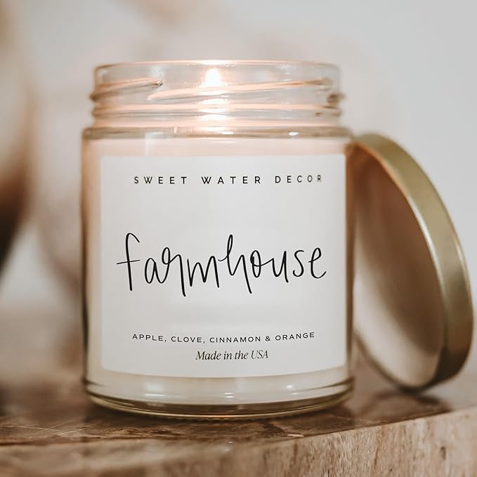 Sweet Water Decor Farmhouse Candle | Autumn, Cinnamon, and Nutmeg, Fall Scented Soy Candles for Home | 9oz Clear Jar, 40 Hour Burn Time, Made in The USA