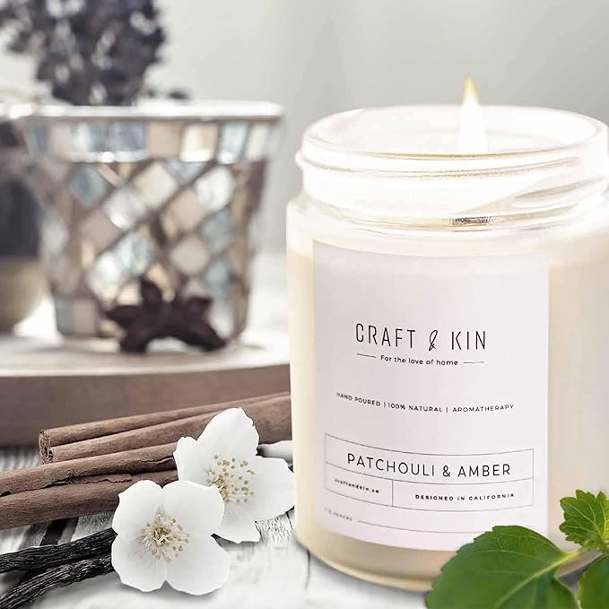 Craft & Kin Patchouli & Amber Christmas Scented Candle | 8 Oz, 45-Hour Long Lasting | Classic Soy with Woodwick Winter Candles | Made with Natural Soy | Holiday Candles Gifts for Men and Women