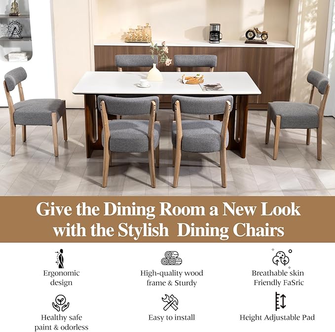 Dining Chairs Set of 4,Mid-Century Modern Wooden Kitchen Chairs with Linen Upholstery - Low-Back Woven Design for Kitchen & Dining Room,Grey Fabric