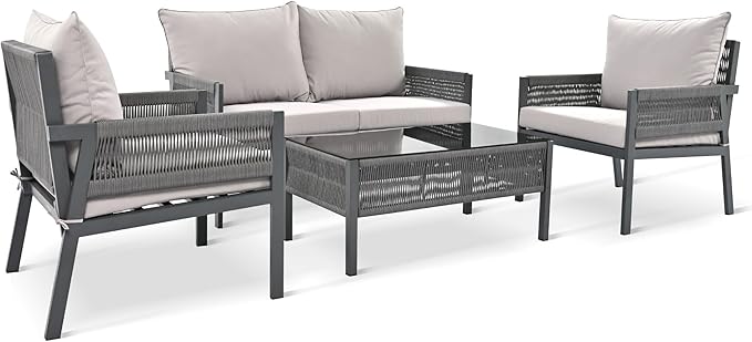 4-Piece Rope Outdoor Furniture Set, Patio Conversation Set with Tempered Glass Table, Rope-Woven Furniture Set with Deep Seat Design for Backyards, Gardens, Balconies, Grey