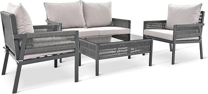 4-Piece Rope Outdoor Furniture Set, Patio Conversation Set with Tempered Glass Table, Rope-Woven Furniture Set with Deep Seat Design for Backyards, Gardens, Balconies, Grey